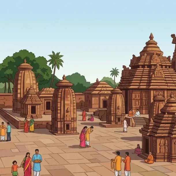 Illustration of ancient temples and sacred tank in Old Town Bhubaneswar