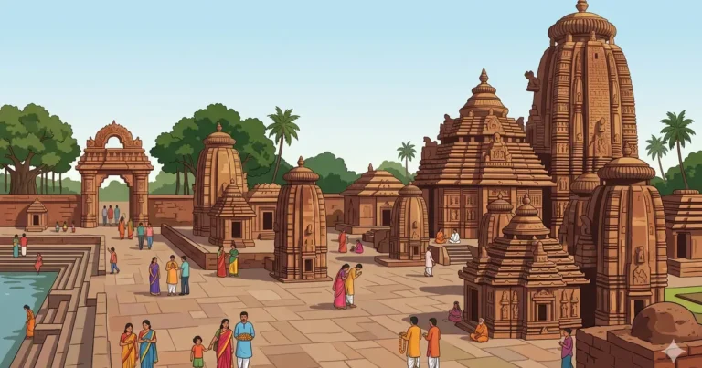 Illustration of ancient temples and sacred tank in Old Town Bhubaneswar