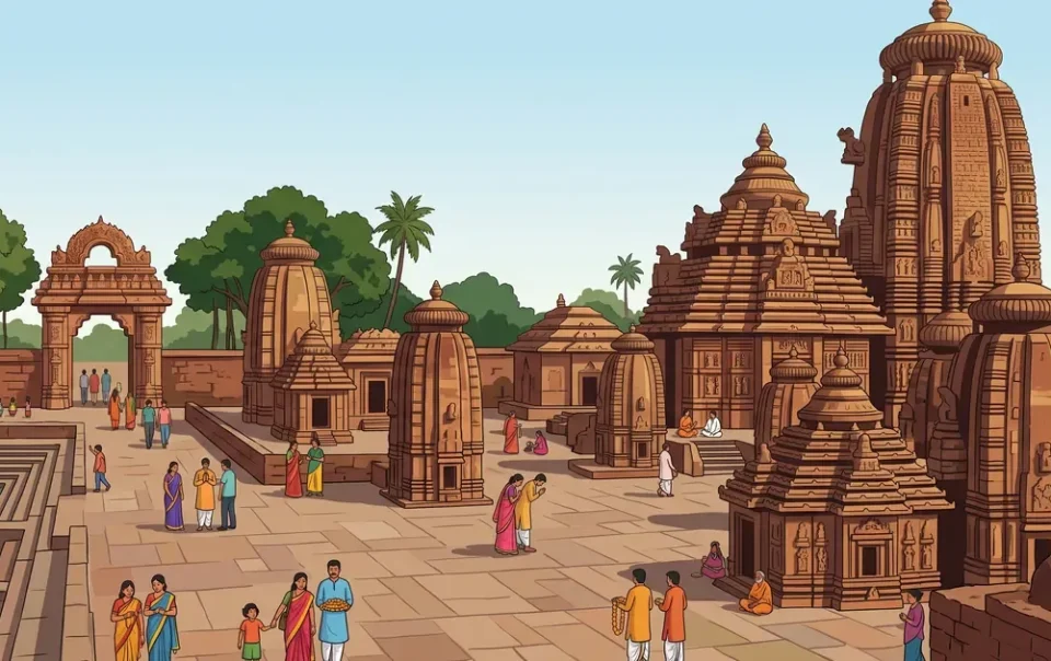 Illustration of ancient temples and sacred tank in Old Town Bhubaneswar