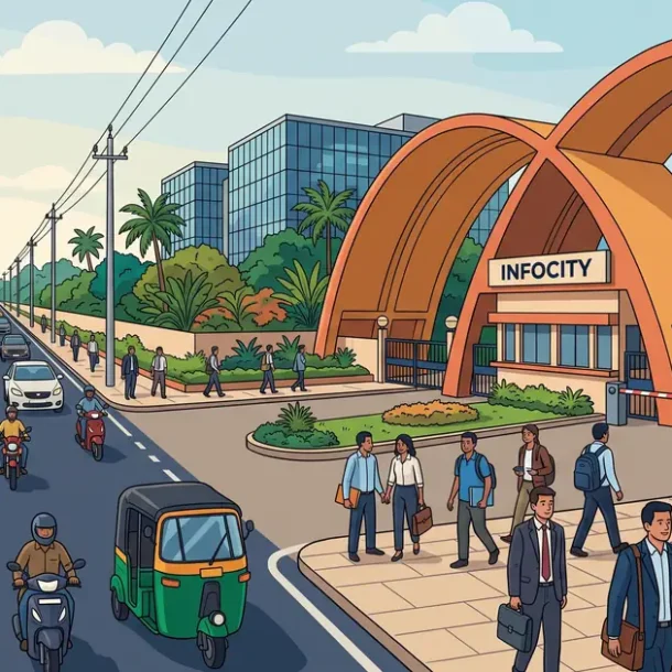 Illustration of Infocity IT corridor in Bhubaneswar with business travelers commuting to modern office towers