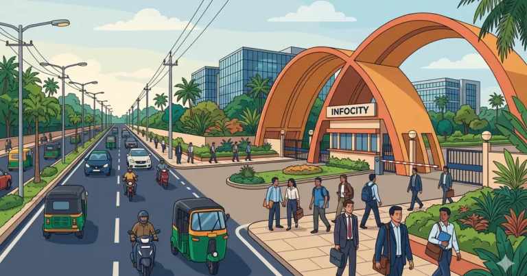 Illustration of Infocity IT corridor in Bhubaneswar with business travelers commuting to modern office towers