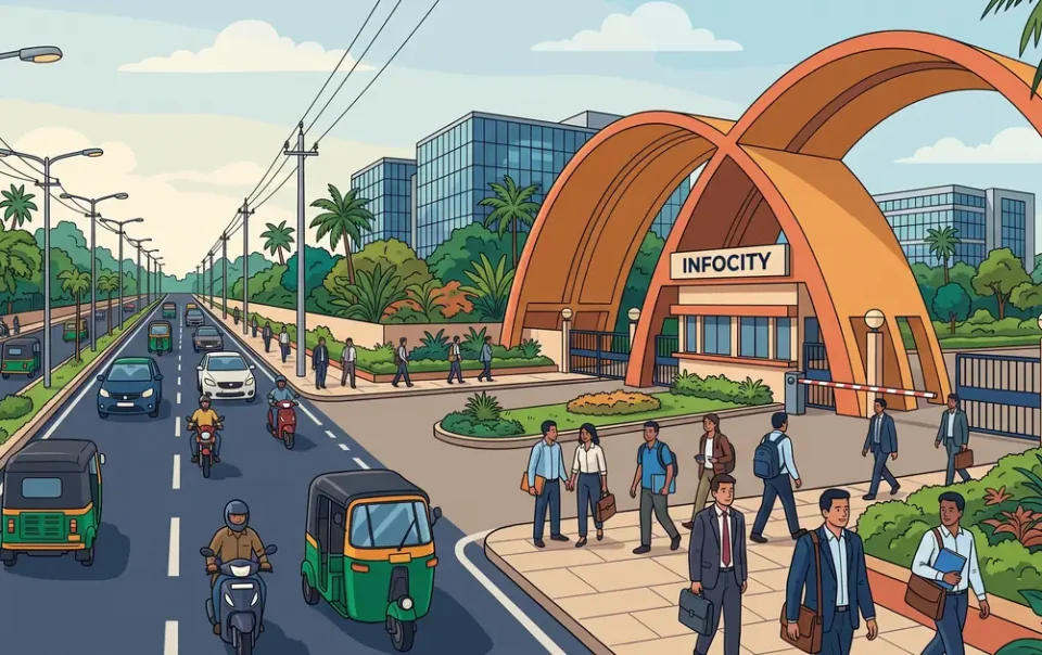 Illustration of Infocity IT corridor in Bhubaneswar with business travelers commuting to modern office towers