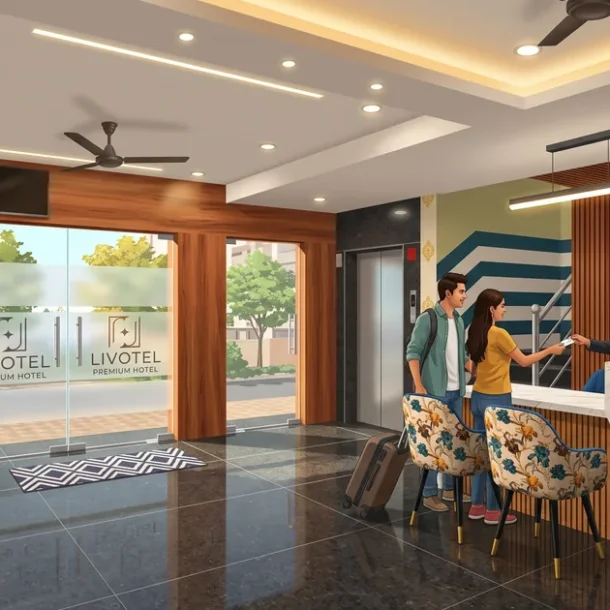 Illustration of a couple checking in at the Livotel Premium Hotel reception in Patia, Bhubaneswar