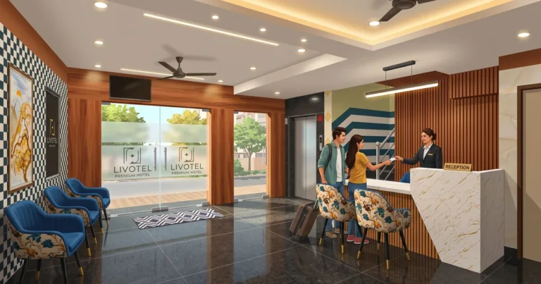 Illustration of a couple checking in at the Livotel Premium Hotel reception in Patia, Bhubaneswar