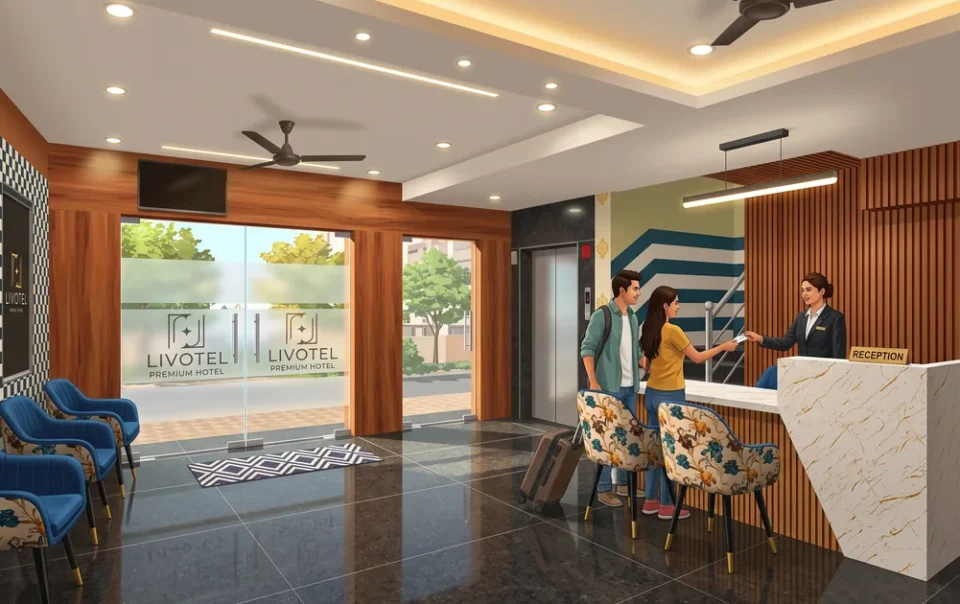 Illustration of a couple checking in at the Livotel Premium Hotel reception in Patia, Bhubaneswar