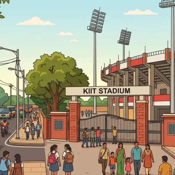Illustration of KIIT Stadium main entrance with spectators and auto rickshaw in Patia Bhubaneswar near Livotel