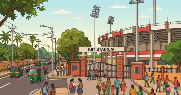 Illustration of KIIT Stadium main entrance with spectators and auto rickshaw in Patia Bhubaneswar near Livotel