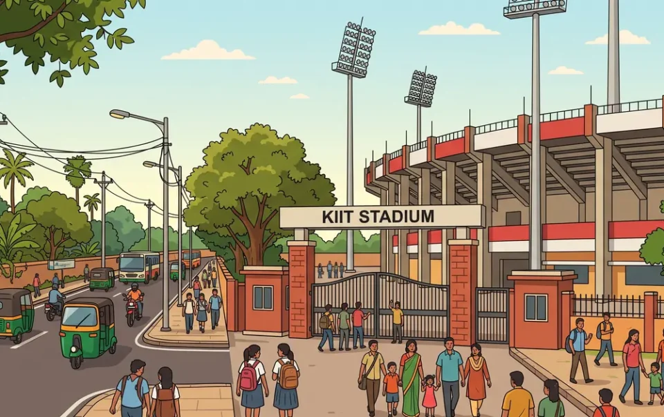 Illustration of KIIT Stadium main entrance with spectators and auto rickshaw in Patia Bhubaneswar near Livotel