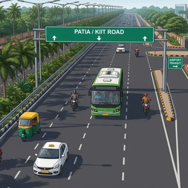 Illustration of Bhubaneswar traffic with a green Mo Bus, auto-rickshaw and taxi on the road to Patia and KIIT