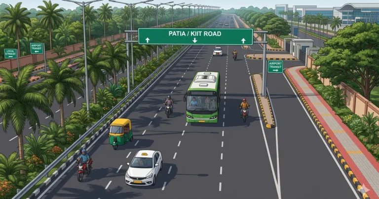 Illustration of Bhubaneswar traffic with a green Mo Bus, auto-rickshaw and taxi on the road to Patia and KIIT