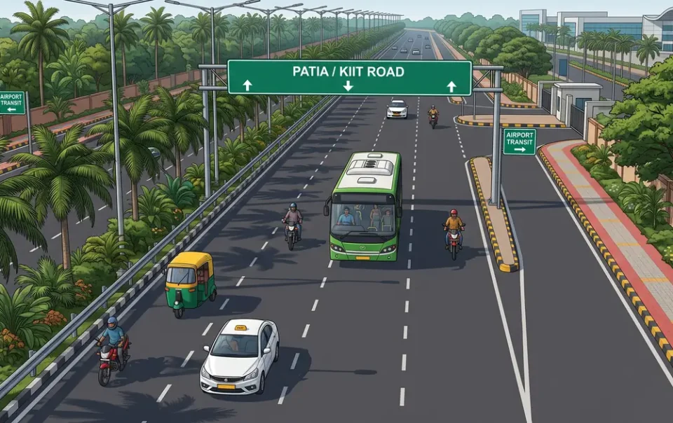 Illustration of Bhubaneswar traffic with a green Mo Bus, auto-rickshaw and taxi on the road to Patia and KIIT
