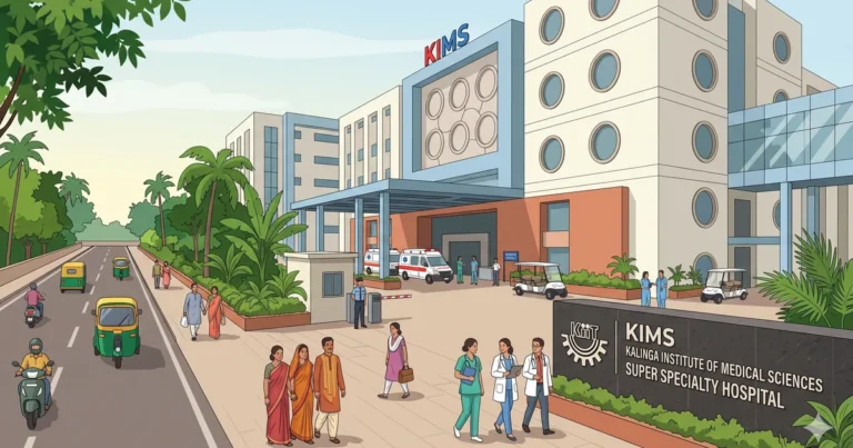 Illustration of KIMS Hospital campus in Patia Bhubaneswar with patient families, doctors, and auto rickshaws near Livotel