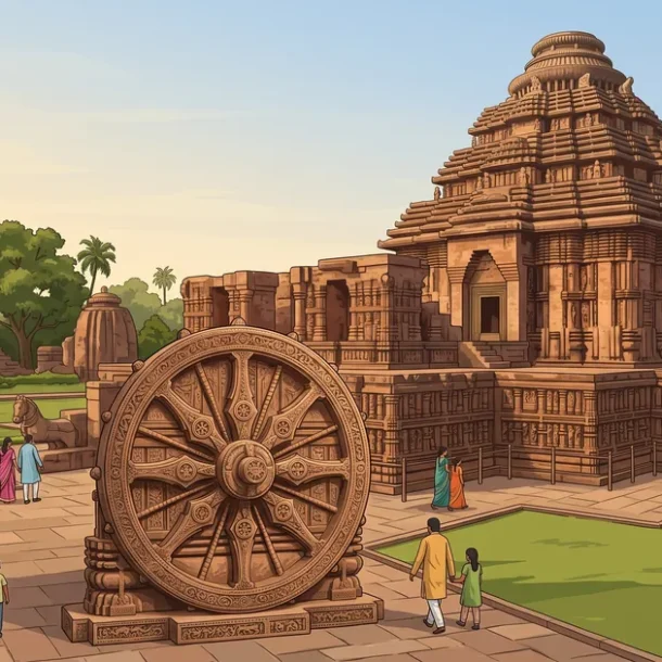 Illustration of the Konark Sun Temple in Odisha with its carved stone chariot wheel and horses