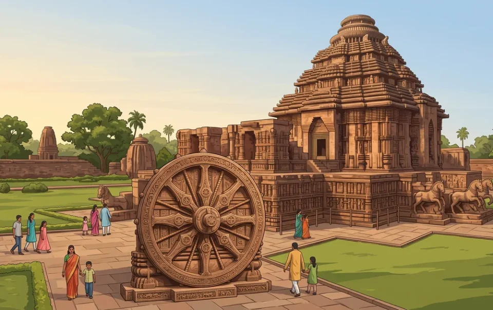 Illustration of the Konark Sun Temple in Odisha with its carved stone chariot wheel and horses