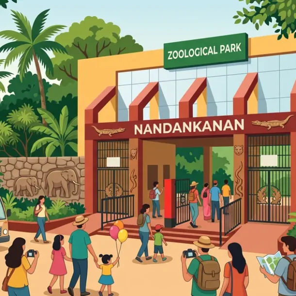Illustration of Nandankanan Zoological Park entrance arch with safari bus, wildlife motifs, and visiting families