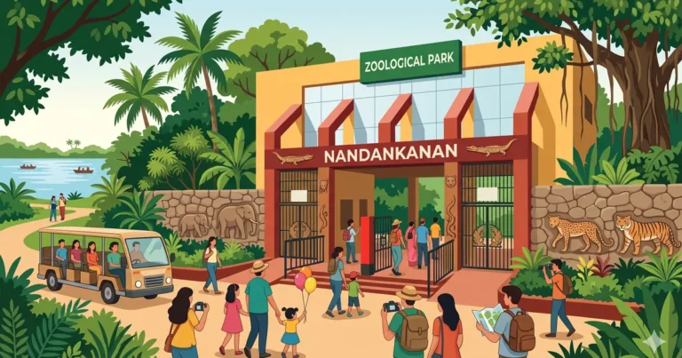 Illustration of Nandankanan Zoological Park entrance arch with safari bus, wildlife motifs, and visiting families