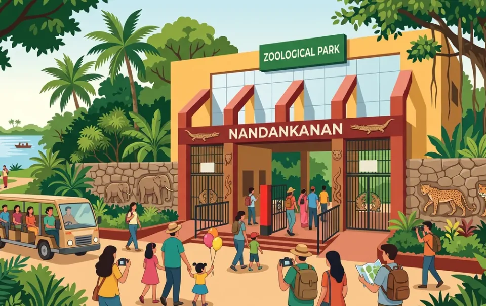 Illustration of Nandankanan Zoological Park entrance arch with safari bus, wildlife motifs, and visiting families