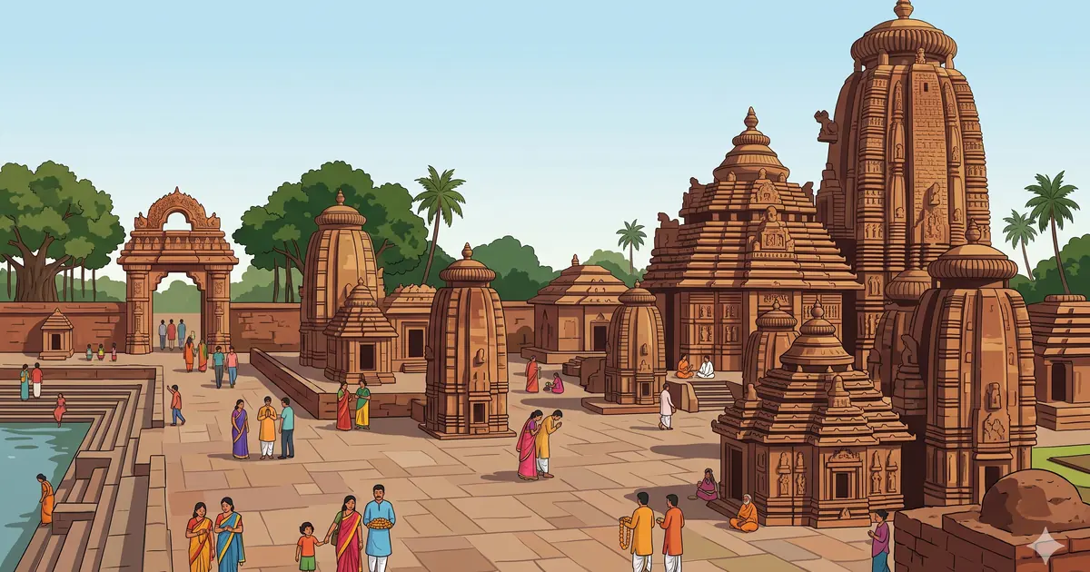 Illustration of ancient Kalinga-style sandstone temples and sacred tank in Old Town Bhubaneswar (Ekamra Kshetra)