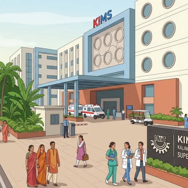 Illustration of modern healthcare campus at KIMS Patia with visitors walking comfortably towards nearby accommodation