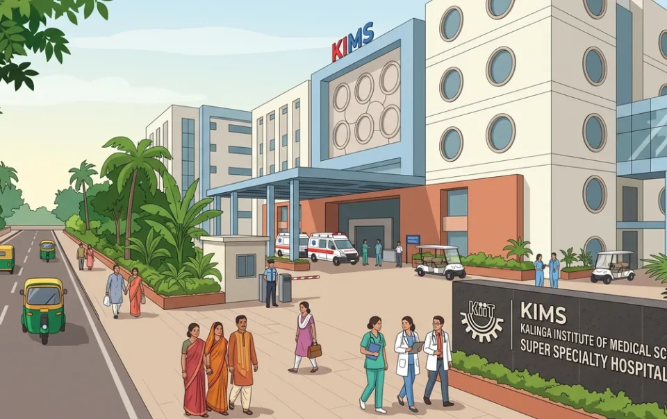 Illustration of modern healthcare campus at KIMS Patia with visitors walking comfortably towards nearby accommodation