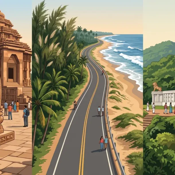 Illustration of the Konark Sun Temple wheel, the coastal Marine Drive and Dhauli Shanti Stupa near Bhubaneswar