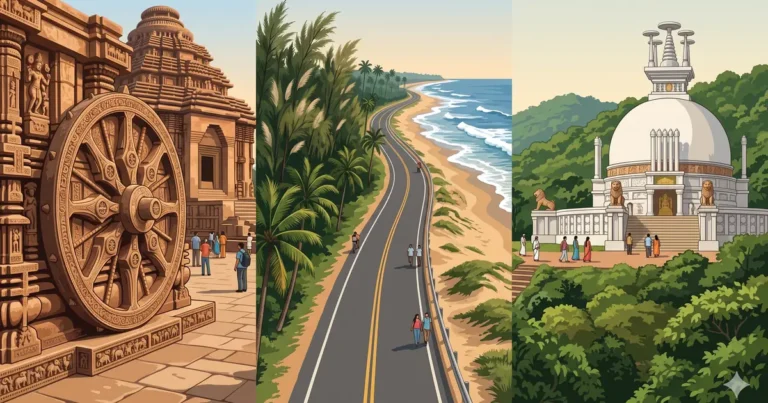 Illustration of the Konark Sun Temple wheel, the coastal Marine Drive and Dhauli Shanti Stupa near Bhubaneswar
