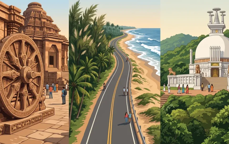 Illustration of the Konark Sun Temple wheel, the coastal Marine Drive and Dhauli Shanti Stupa near Bhubaneswar