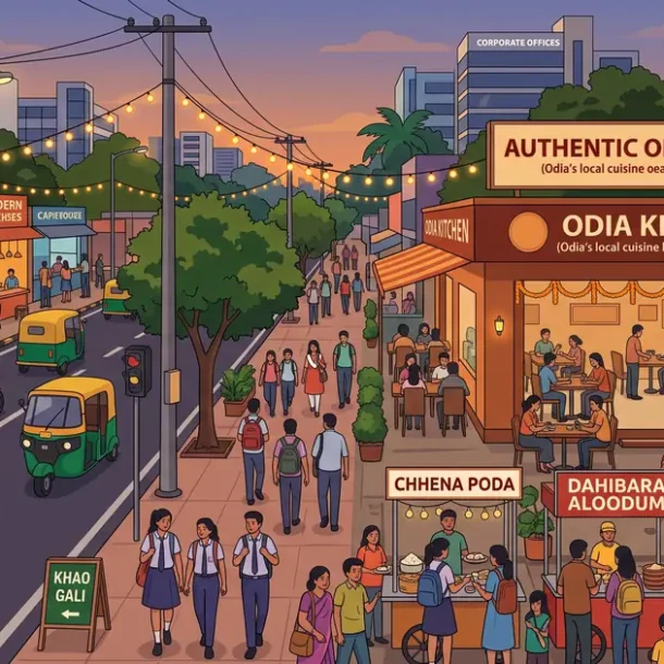 Illustration of vibrant street food culture, outdoor cafes, and authentic Odia dining spots near KIIT Patia Bhubaneswar