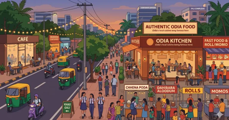 Illustration of vibrant street food culture, outdoor cafes, and authentic Odia dining spots near KIIT Patia Bhubaneswar
