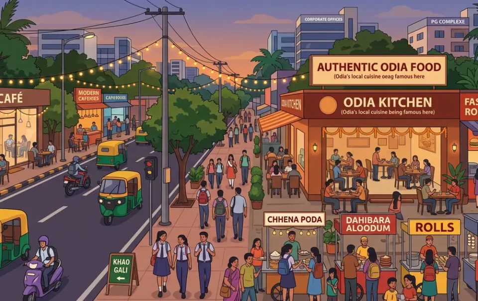 Illustration of vibrant street food culture, outdoor cafes, and authentic Odia dining spots near KIIT Patia Bhubaneswar