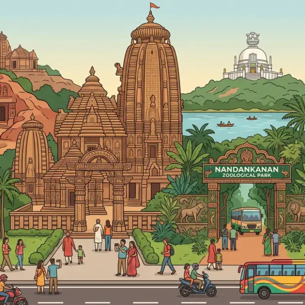 Panoramic composite illustration of famous Bhubaneswar sights including Lingaraj Temple, Dhauli Shanti Stupa, Khandagiri Caves, and Nandankanan Zoo