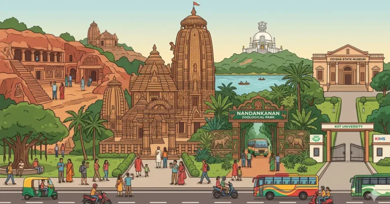 Panoramic composite illustration of famous Bhubaneswar sights including Lingaraj Temple, Dhauli Shanti Stupa, Khandagiri Caves, and Nandankanan Zoo