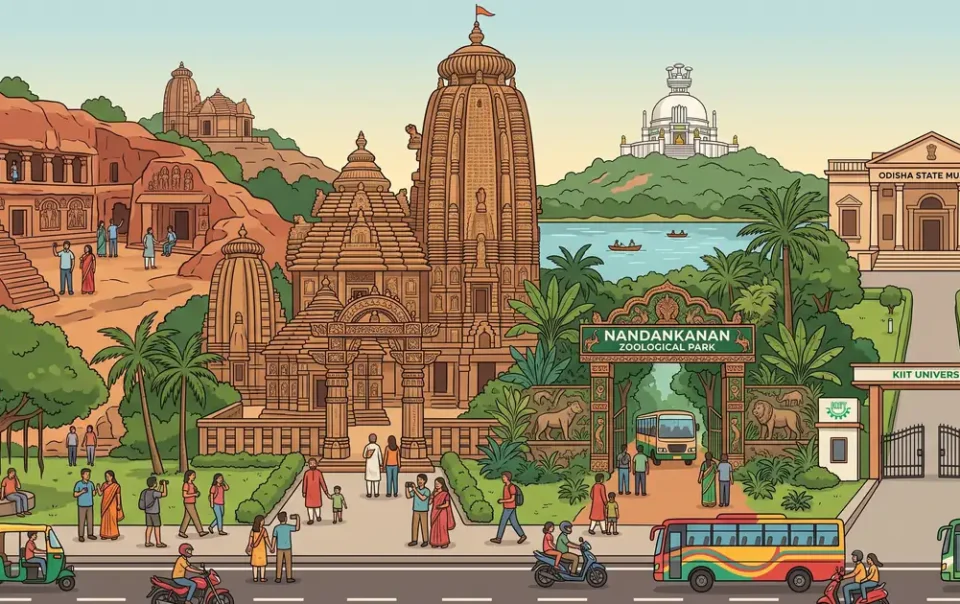 Panoramic composite illustration of famous Bhubaneswar sights including Lingaraj Temple, Dhauli Shanti Stupa, Khandagiri Caves, and Nandankanan Zoo