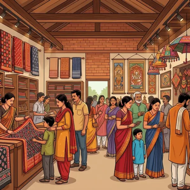 Illustration of visitors shopping for Sambalpuri handloom sarees, Pattachitra paintings and Odisha handicrafts in Bhubaneswar