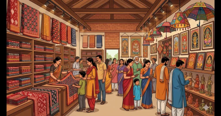 Illustration of visitors shopping for Sambalpuri handloom sarees, Pattachitra paintings and Odisha handicrafts in Bhubaneswar