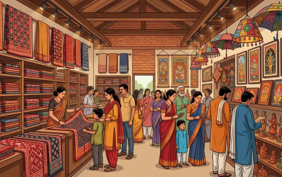 Illustration of visitors shopping for Sambalpuri handloom sarees, Pattachitra paintings and Odisha handicrafts in Bhubaneswar