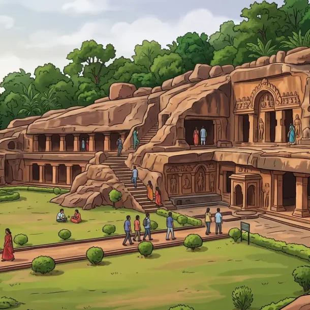 Illustration of the ancient rock-cut Udayagiri and Khandagiri caves with stone steps and visitors in Bhubaneswar