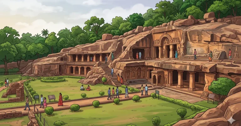 Illustration of the ancient rock-cut Udayagiri and Khandagiri caves with stone steps and visitors in Bhubaneswar