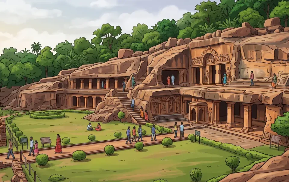 Illustration of the ancient rock-cut Udayagiri and Khandagiri caves with stone steps and visitors in Bhubaneswar